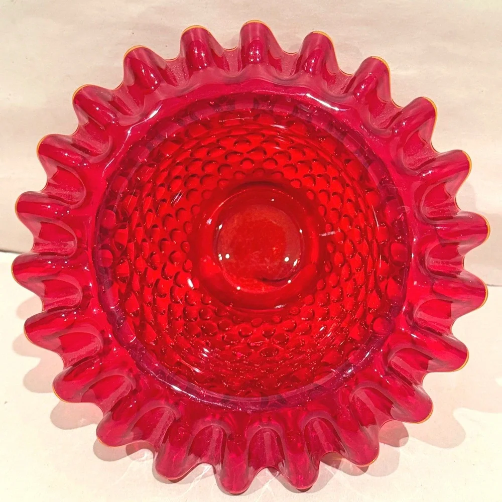 Vintage Fenton LG Wright Ruby Red Hobnail 3 Pc Fairy Lamp Ruffled UV Glow